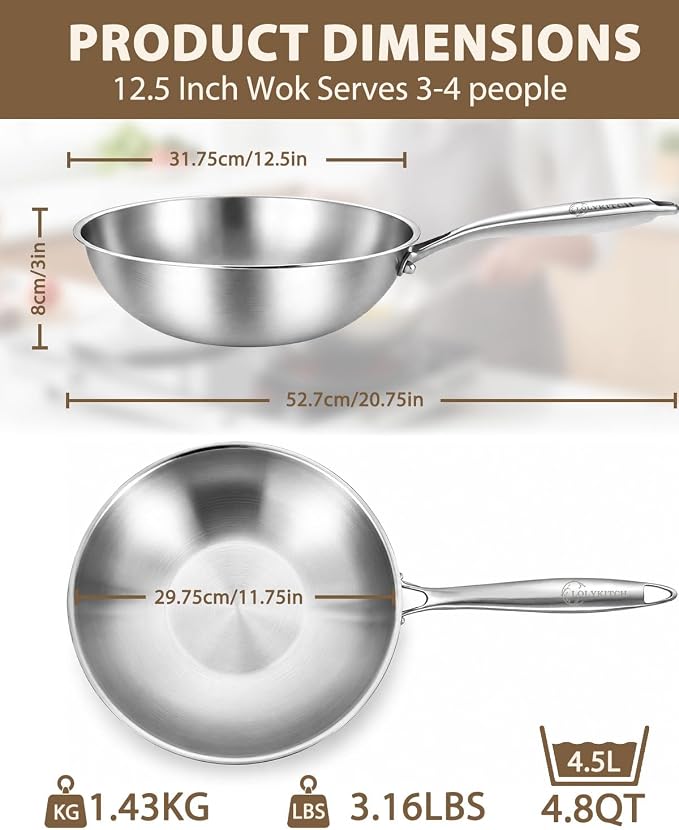 12.5-Inch Tri-Ply Stainless Steel Wok Pan with Lid | Detachable handle | Stir-Frying Pan | Induction Wok | Dishwasher and Oven Safe | Heavy-Duty | Flat-Bottom
