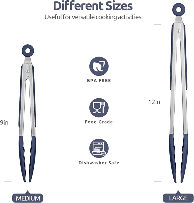 U-Taste Kitchen Tongs for Cooking, 600ºF Heat-Resistant, 2Pcs/Midnight Blue | Silicone Tong Set 9/12in, Salad/Grill/BBQ Plastic Tong for Food Serving, Rubber Tipped Tong with 18/8 Stainless Steel Handle