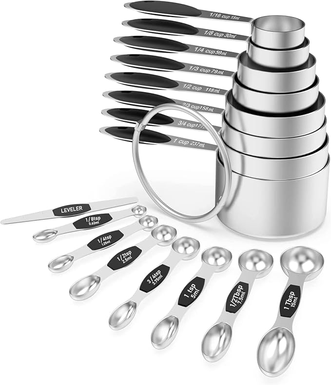 Wildone Measuring Cups and Magnetic Measuring Spoons Set, 16Pcs | 8 Stainless Measuring Cups, 7 Double-sided Magnetic Measuring Spoons & leveler for Spice Jar and Liquid Measuring, Black