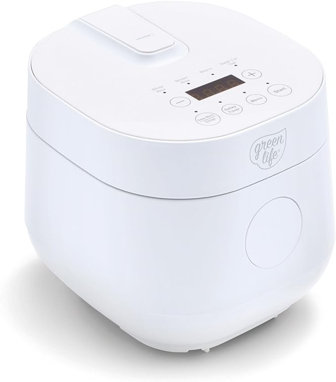 GreenLife Digital Rice & Beans Cooker, 2-Cups Uncooked/4-Cups Cooked, Removable Nonstick Ceramic PFAS-Free Pot, One-Touch Presets, Oats, Quinoa, Brown Rice, Auto Keep Warm, Fuzzy Logic Tech, 1.5 QT, White