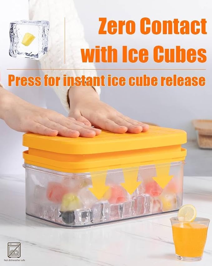 Brigii Ice Cube Tray with Lid & Storage Bin, 56 Cubes Ice Trays for Freezer | Silicone bottom easy release, press-to-pop, 2 trays 56 cubes, storage bin and scoop, BPA-free, stackable, for whiskey