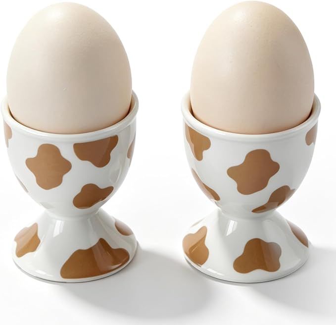 Cinf Ceramic Egg Cups, Set of 2, Mocha Cow Boiled Egg Holders for Breakfast | Set of 2 ceramic egg cups, classic white design, easy to clean, ideal for boiled eggs, breakfast serving and holiday gifting