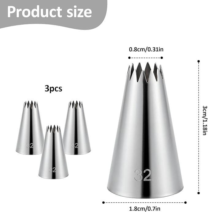 3 Pieces #32 Cake Piping Tip Open Star Icing Tip Seamless Icing Tips Stainless Steel Cupcake Piping Tips for Frosting Macarons Dessert Cake Decorations, Sliver
