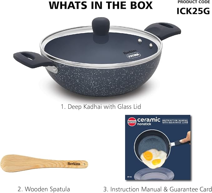HAWKINS Ceramic Nonstick 2.5 Litre Deep Kadhai, Induction Deep Fry Pan with Glass Lid, Granite Kadai (ICK25G)