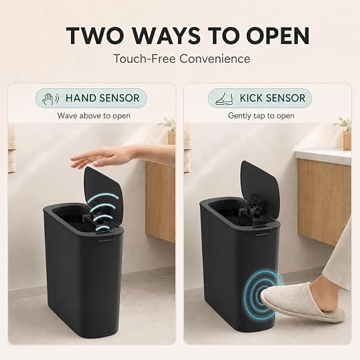 TIPGO Automatic Small Bathroom Trash Can with Lid, 2.6 Gallon, Black | Motion Sensor, Plastic, Touchless, Odor Control, Smart Garbage Can, Battery Operated, Manual Button, for Bedroom, Office,RV