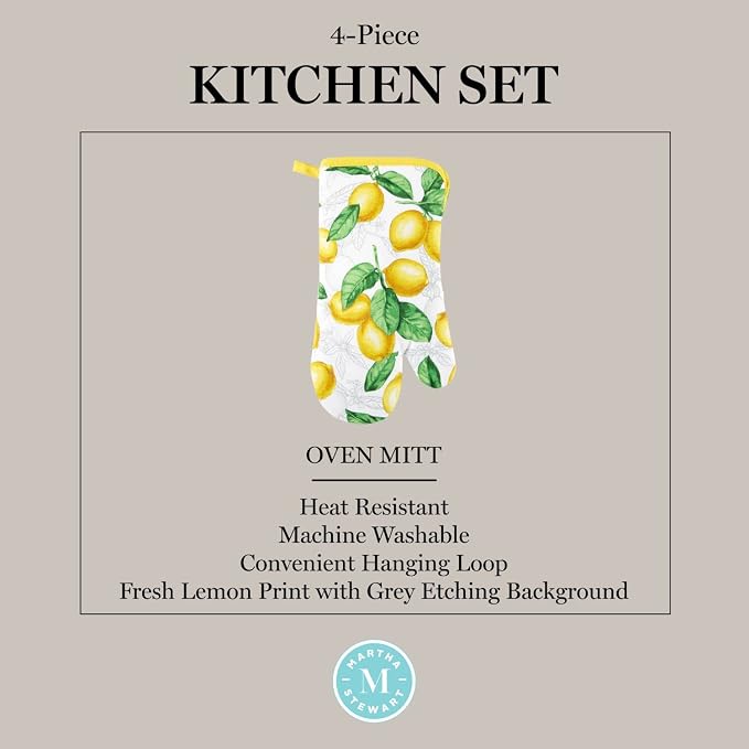 Martha Stewart Lots of Lemons Modern Kitchen Towel, Oven Mitt & Potholder Set, 4-Pack, White-Yellow