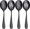 Serving Spoons Set, Black Stainless Steel, 8.7 Inch, Slotted and Solid Serving Utensils for Party Buffet Dinner Banquet Cooking Kitchen Basics, Mirror Finish Flatware, 4 Piece