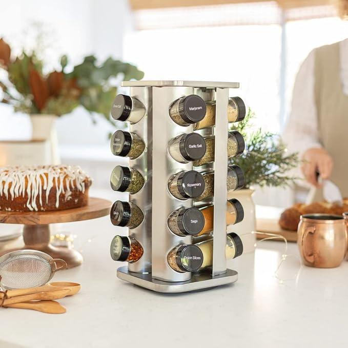 20 Jar Rotating Spice Rack with Spices Included & 5-Year Free Spice Refill Program – Stainless Steel Countertop Spice Rack with 3 oz Glass Jars | 5-Year Free Spice Refill Program, Stainless Steel Countertop, 3 oz Glass Jars