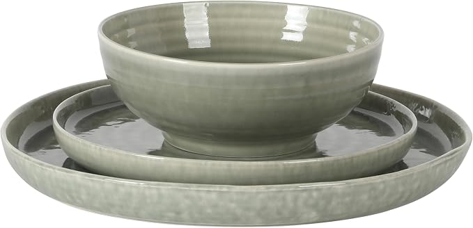 Gibson Elite Eclipse Swirls Plates and Bowls Sets, 12-Piece Stoneware Dinnerware Sets, Reactive Glaze Dish Set - Green