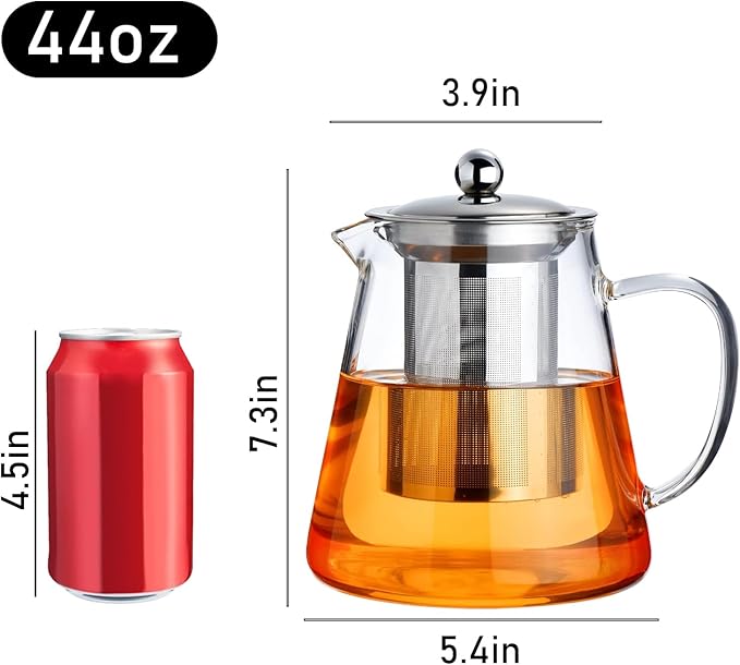 PARACITY Glass Teapot Stovetop 44 OZ, Borosilicate Clear Tea Kettle with Removable 18/8 Stainless Steel Infuser, Teapot Blooming and Loose Leaf Tea Maker Tea Brewer for Camping, Travel (1300ml) | A clear borosilicate tea maker/tea brewer uses an 18/8 s...