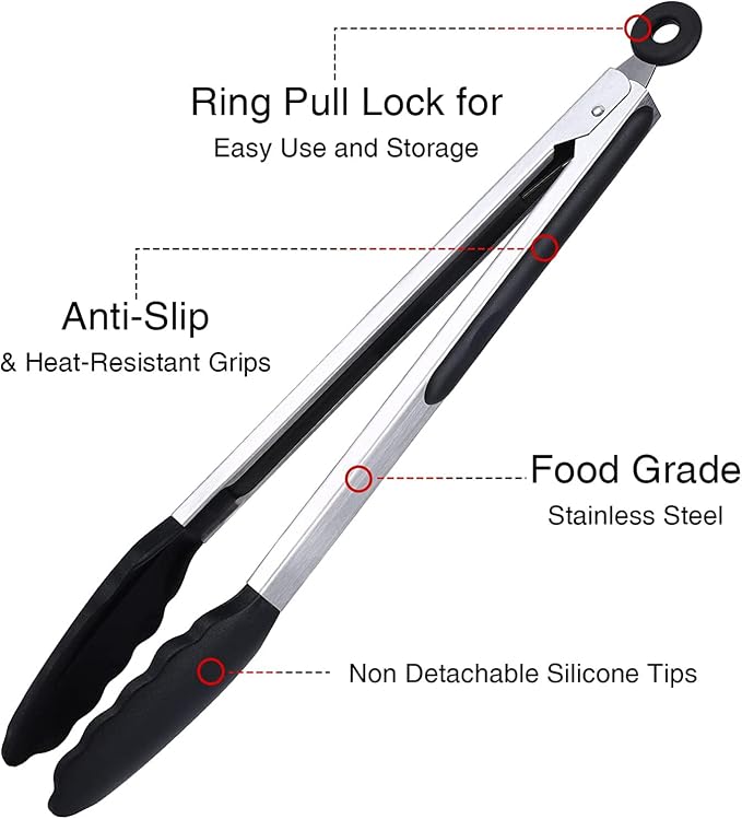 7/9/12 Inch Kitchen Tongs Set of 3, Cooking Tongs with Silicone Tips | For Cooking/Serving/Grilling | Heat-Resistant | Food-Grade Material | Dishwasher Safe | Black