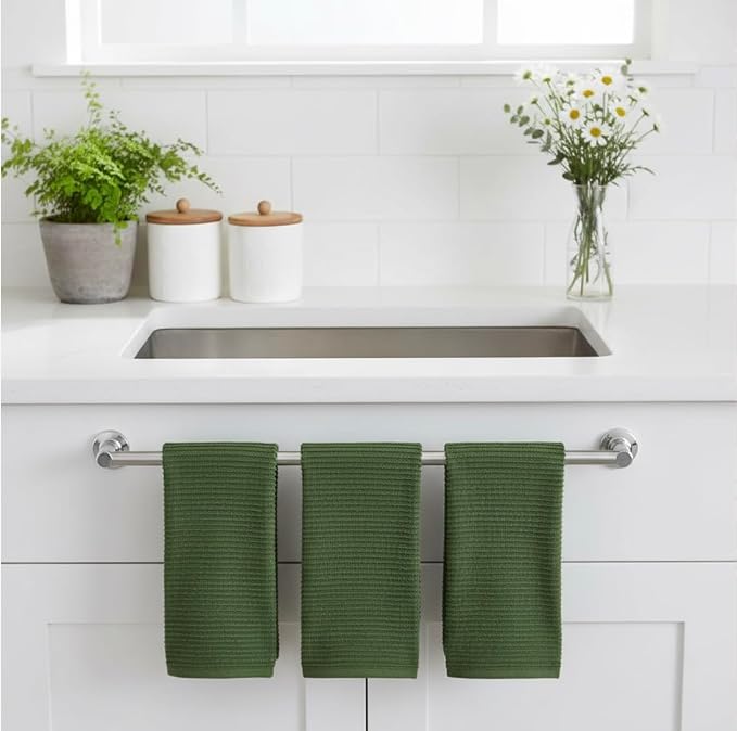 Avocado Forest Green Kitchen Dish Towels, Set of 3, 100% Cotton, 18" x 28" | Terry Loop Ribbed Textured, Soft & Absorbent Cleaning Cloth, Quick Dry, Multipurpose for Everyday Use