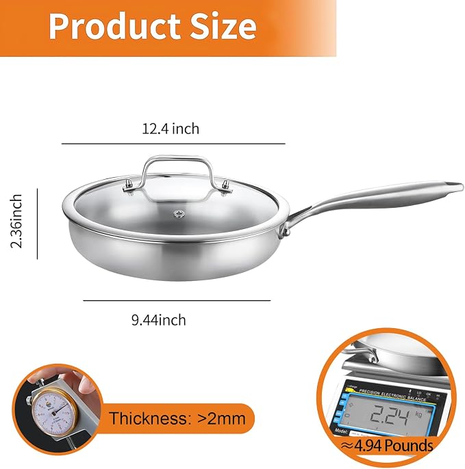 DELARLO Tri-Ply Stainless Steel Pan, 18/10 Frying Pan, Oven Safe Up to 600°F, Nontoxic Cookware, Compatible with All Cooktops Skillet, Durable, Fast Even Heat Fry Pan,12 inch Pan with Glass Lids