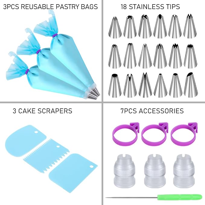 Piping Bags and Tips Set, Cakes Decorating Kit Reusable, Pastry Bags | 3 Reusable Pastry Bags, 18 Frosting Tips, 3 Couplers, 3 Bag Ties, 3 Cake Scraper, 1 Cake Decorating Tools for Cookie Icing