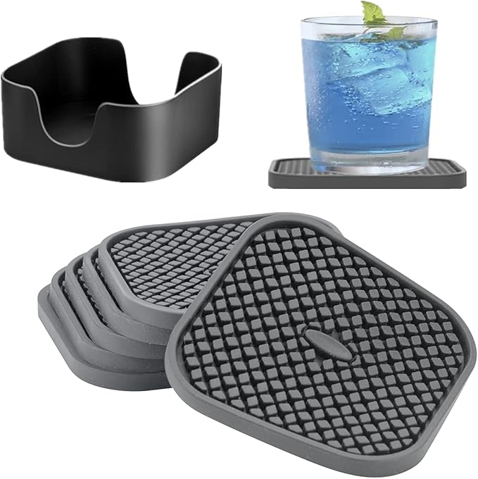 IYYI Silicone Coasters Set of 6, Drink Coasters with Holder, Non-Slip Cup Mat, Deep Tray Absorbent Coaster, Heat Resistant Countertop Protection (Gray-Square)