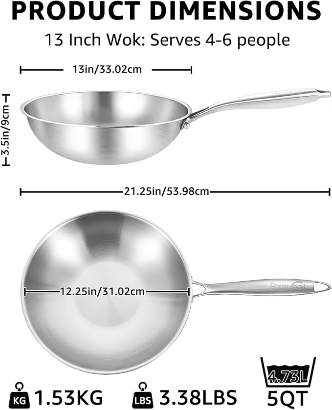 13 Inch Tri-Ply Stainless Steel Wok Pan, Uncoated Wok for Stir Fry | PFOA/PFOS Free, Heavy-Gauge Flat Bottomed Cookware, Suitable for Induction & Electric Stoves, Detachable Handle