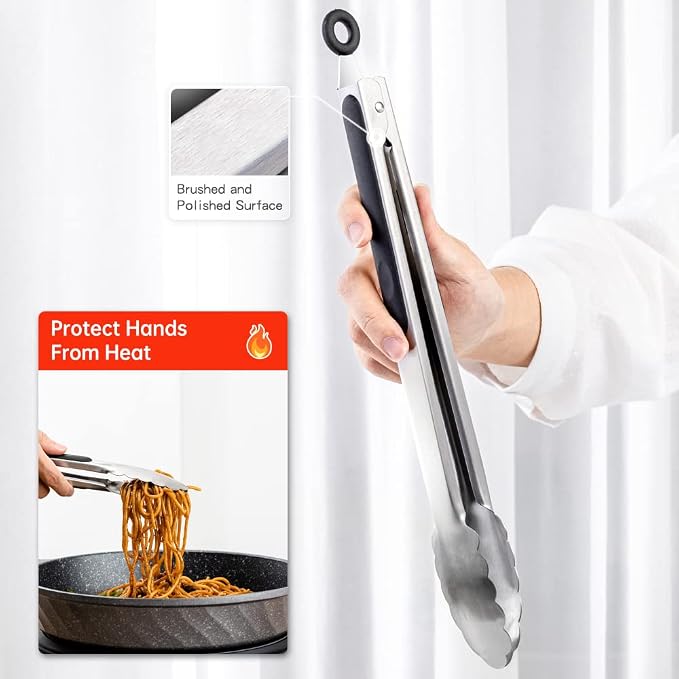 9 & 12 Inch Kitchen Tongs, Stainless Steel Metal Cooking Tongs (9"+12") | For Cooking/Serving/Grilling | Heat-Resistant | Dishwasher Safe