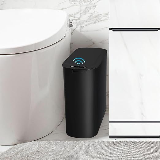 TIPGO Automatic Small Bathroom Trash Can with Lid, 2.6 Gallon, Black | Motion Sensor, Plastic, Touchless, Odor Control, Smart Garbage Can, Battery Operated, Manual Button, for Bedroom, Office,RV