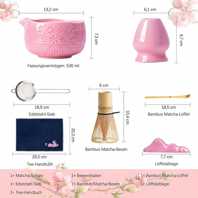 Buucup Matcha Whisk Set, Ceramic Matcha Kit with Bowl & Tools, Pink | 7-piece set includes ceramic bowl, bamboo whisk, scoop, holder, rest, sifter and tea towel for easy matcha making at home.