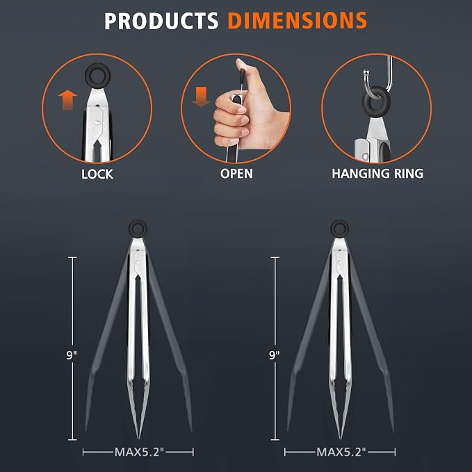 Hotec Stainless Steel Kitchen Tongs, Locking Metal Food Tongs for Cooking, Serving, BBQ, Grill & Air Fryer with Non-Slip Grip, Set of 2-9"