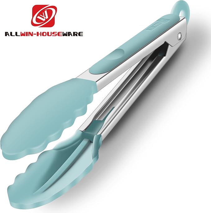 2 Pack Silicone Kitchen Tongs, 9 & 12 Inch, Stainless Steel, Aqua Sky