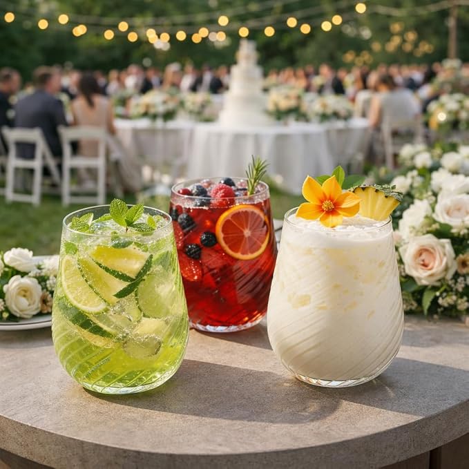 Oojami 40 Pack 12 oz Disposable Wine Glasses Stemless Ribbed Plastic Cups | Shatterproof Unbreakable BPA-Free, Recyclable Reusable Cocktail Champagne Whiskey Wine Cups for Wedding Birthday Party
