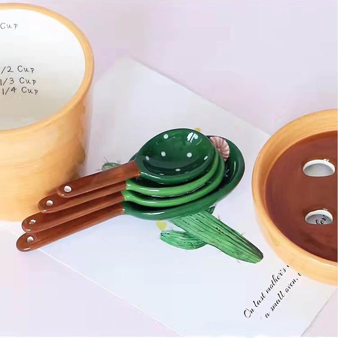 Cactus Measuring Spoons Set in Pot Ceramic House Warming Gifts New Home
