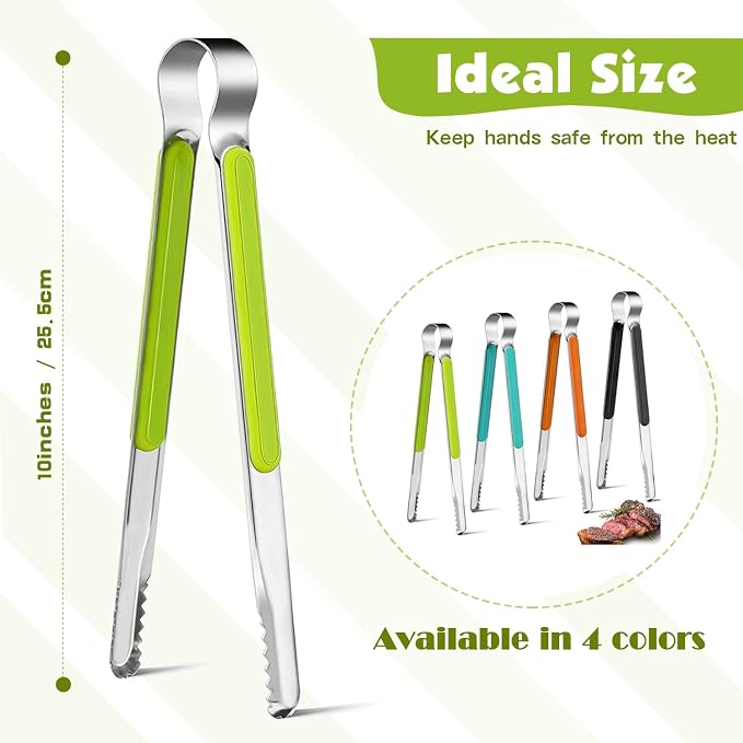 4Pcs Stainless Steel Kitchen Tongs for Cooking - 10" Metal Food Tongs With Non-Slip Comfort Grip, Non-Stick, High Heat Resistant for BBQ, Grilling and Serving
