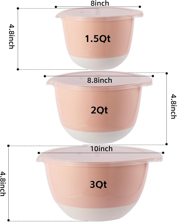 3 Small Mixing Bowls Set with Lids,Grips,Pour Spout and TPR Bottom, Plastic Nesting Bowl Use for Kitchen Cooking-Prep,Serving,Baking Bread Cake,Pancake,Non-slip,3Qt,2Qt,1.5Qt,Pink