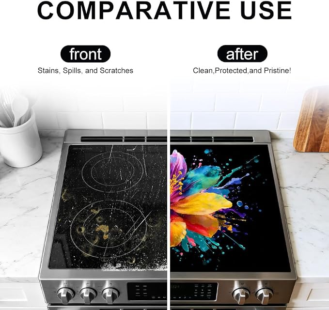 Colorful Hibiscus Watercolor Splash Stove Top Cover 28.35x20.47in | Colorful hibiscus watercolor splash stove top cover 28.35x20.47 in; floral art cooktop mat dishwasher safe machine washable