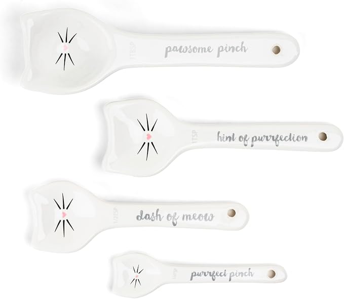 White Cat Measuring Cups & Spoons Gift Set – Ceramic Kitchen Tools for Cat Lovers & Bakers – 4 Measuring Cups and 4 Measuring Spoons – Unique Gift for Kitchen, Baking, and Cat Lovers