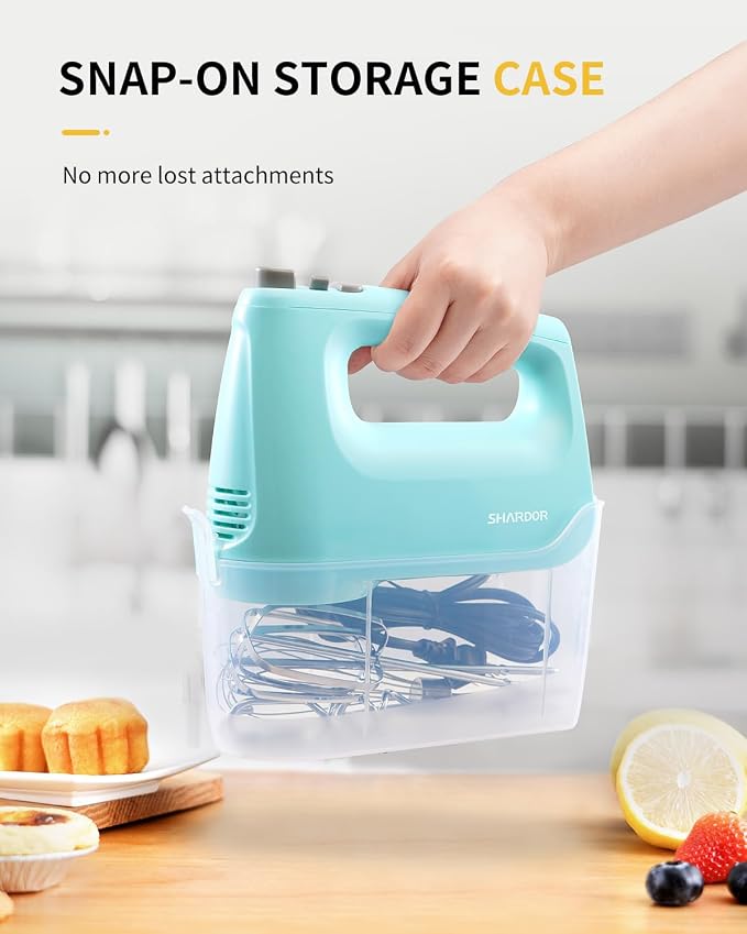 SHARDOR Hand Mixer Electric, 6 Speed & Turbo Mixer Electric Handheld, Snap-On Storage Case,5 Stainless Steel Accessories for Whipping, Mixing Cookies, Brownie, Cakes, Dough Batters (Blue)