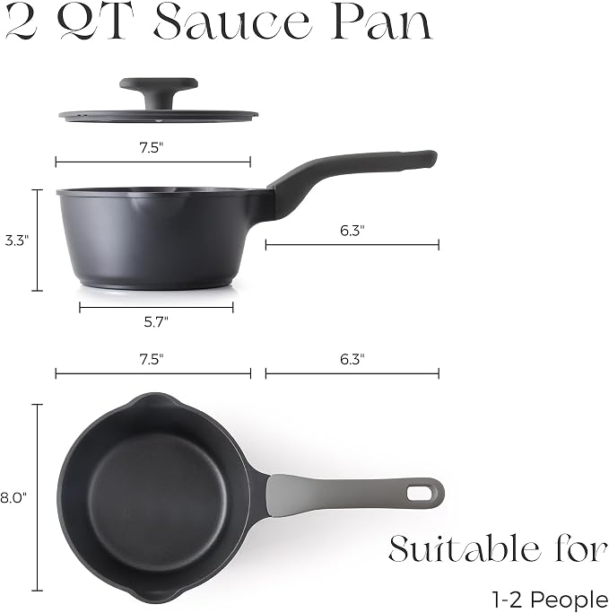 PRICUSIS Nonstick Saucepan with Lid, 2 Quart Non Toxic Pot with Pour Spouts, Full Coated, 100% Dishwasher Safe, Induction Compatible, PFOS & PFOA Free, Black Sesame