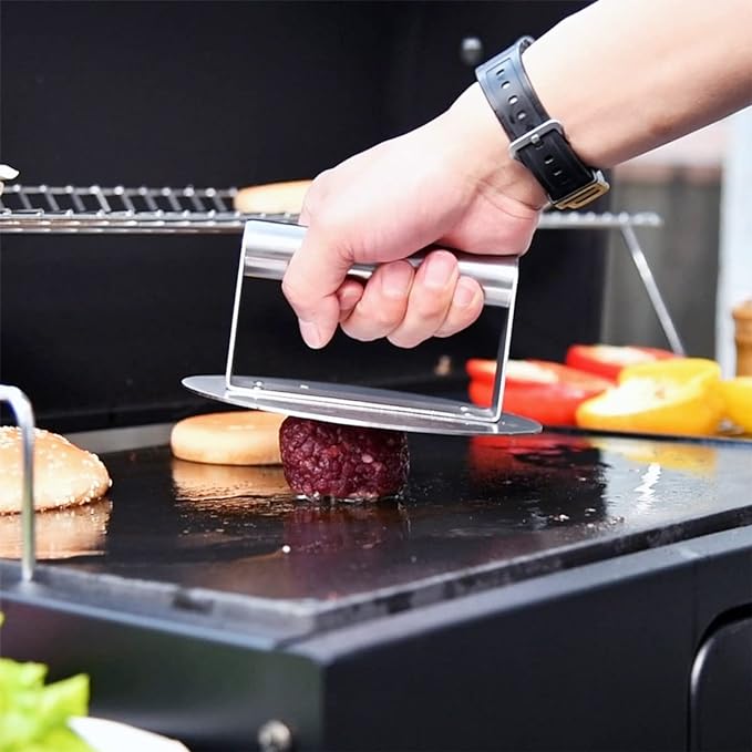 HULISEN Stainless Steel Burger Press, 6.2 inch Round Burger Smasher, Professional Griddle Accessories Kit, Grill Press Perfect for Flat Top Griddle Grill Cooking | Flat Edge, Even Pressure for Thin Patties, Dishwasher Safe, Griddle Accessories Fit Flat...