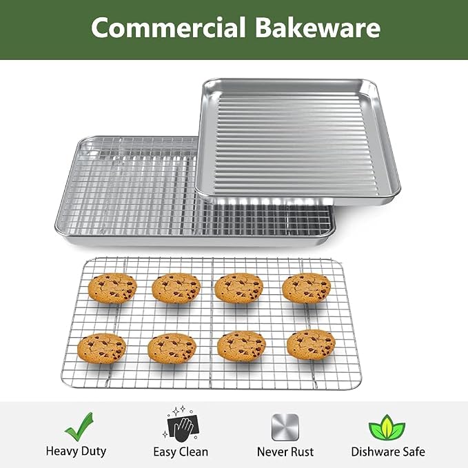 Half Baking Sheet Pan Cooling Rack Set, Stainless Steel 2 Pans + 2 Racks | 18x12x1 Inches Baking Sheet Pan with Nonstick, Warp Resistant, Heavy Duty Design for Baking, Roasting, and Cooking