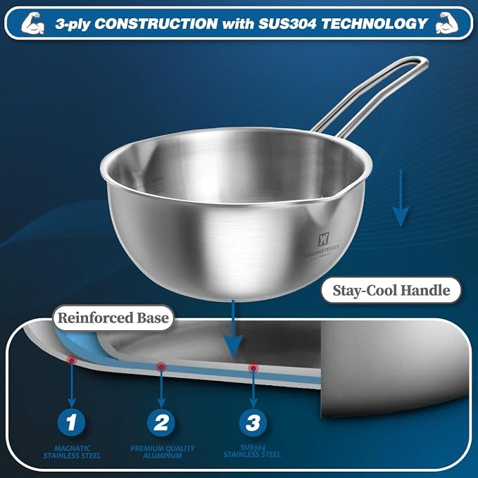 WAGENSTEIGER Mini Wok 200mm Stainless Steel, 3-Ply Aluminum Core Base, Induction Compatible Small Wok Pan, Ramen Pot for Camping & Outdoor Cooking