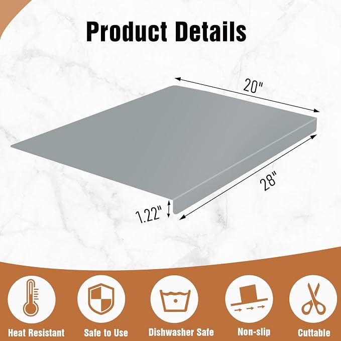 Silicone Mat for Kitchen Counter with Edge Protection – Quartz Countertop Protector, Heat Resistant & Non-Slip, Easy Clean, 100% Food Grade Silicone, 28"x20" (Gray)