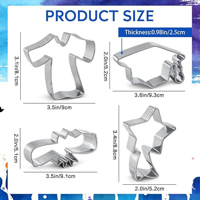 Graduation Cookie Cutters, 4Pcs Graduation Cap, Gown, Diploma, Shooting Star Shapes Metal Cookie Cutters, Stainless Steel Set Biscuit Sandwich Fondant Fruit Cutters for School Home Baking Kit Supplies