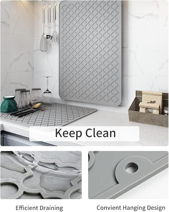 AMOAMI-Dish Drying Mats for Kitchen Counter-Silicone Dish Drying Mat-Kitchen Dish Drying Pad Heat Resistant Mat-Kitchen Gadgets Kitchen Accessories Kitchen Small Appliances(16" x 24", GREY)