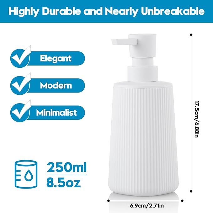 Small Soap Dispenser for Bathroom and Kitchen, Modern Farmhouse Striped Style Plastic Hand Soap Dish Soap Dispenser with Pump Matte White | Modern Farmhouse Striped Style Plastic Hand Soap Dish Soap Dispenser with Pump