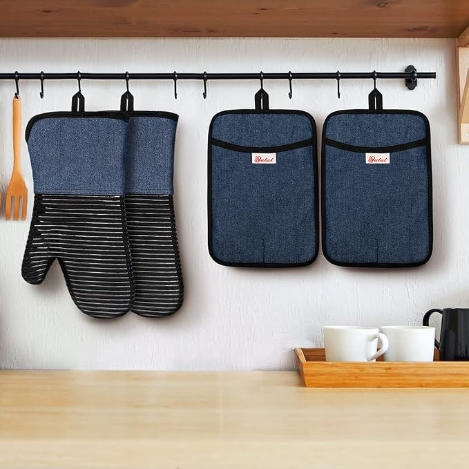 Yutat Oven Mitts, Pot Holders Set of 4 Made with Pure Cotton and Food Grade Non-Slip Silicone - 500 F Heat Resistant Oven Mitts and Pot Holders Sets for Kitchen Cooking (4pcs Set, Black and Denim)