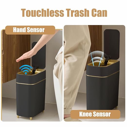 Automatic Bathroom Trash Can with Touchless Lid - Motion Sensor Trash Can | Bathroom, Bedroom, Kitchen, Laundry room, Small Spaces - Slim Smart Trash Bin - Black with Gold Edge, 1Pack