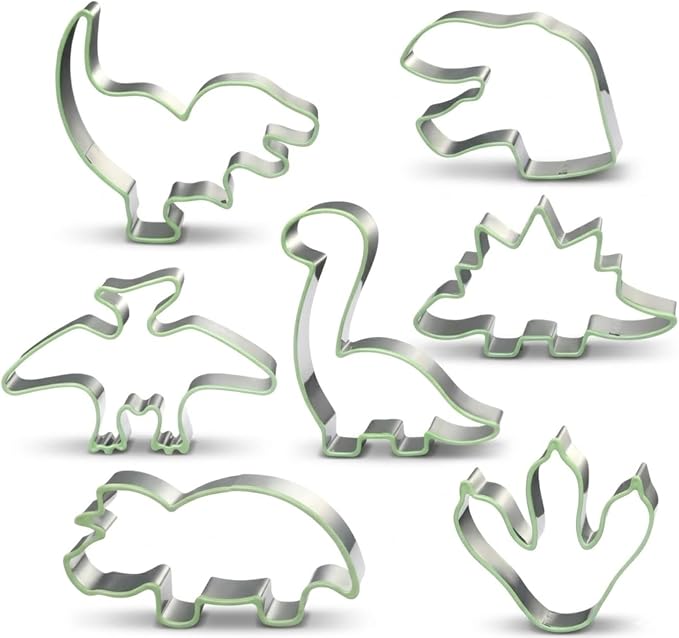 LUBTOSMN 7 Piece Dinosaur Cookie Cutters Set, Silicone Rim Baking Set | Dishwasher-safe stainless steel cutters for cookies, fondant, sandwiches, dinosaur parties and home baking treats