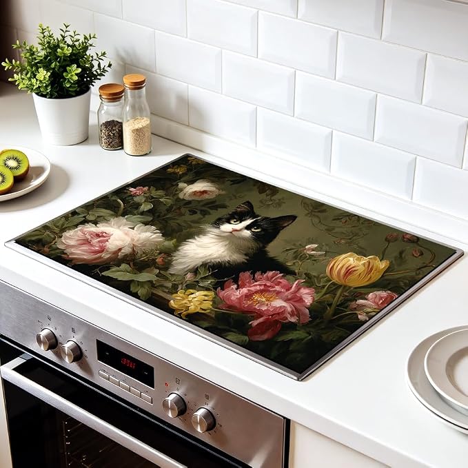 Tuxedo Cat Floral Stove Top Cover 28.35x20.47 in Non Slip | Heat Resistant Cooktop Protector Mat with Non-Slip Backing, Scratch Protection and Countertop Drying Mat.