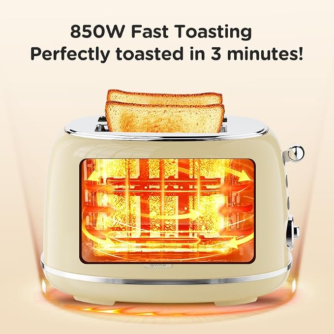 Wiltal Toaster Retro 2 Slice, Vintage White Toaster with Lid, with Bread Attachment, Preheat, Defrost And Cancel Functions, 6 Browning Levels (Beige)