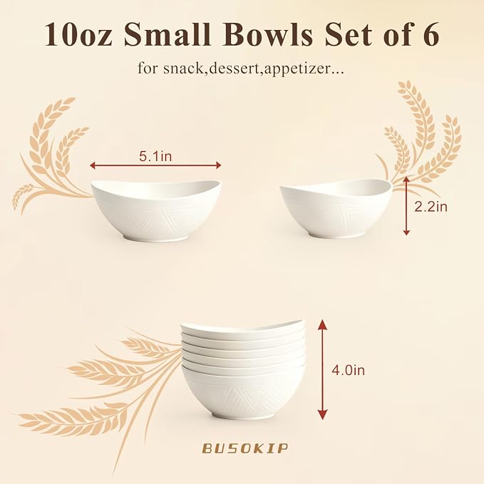 Wheat Straw Bowls Set of 6, Unbreakable Small Plastic Bowls 10oz, Small Serving Bowls for Ice Cream, Yogurt, Snack, Dessert, Microwave & Dishwasher Safe Mini Bowls for Kitchen, Party - White