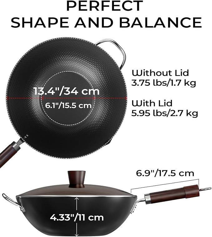 Carbon Steel Wok Pan, Tripole Nitrided Pre-Seasoned Flat Bottom Woks & Stir-Fry Pans Nonstick, Chinese Wok with Glass Lid for All Stovetops, Gift for Chef - 13.4 Inch
