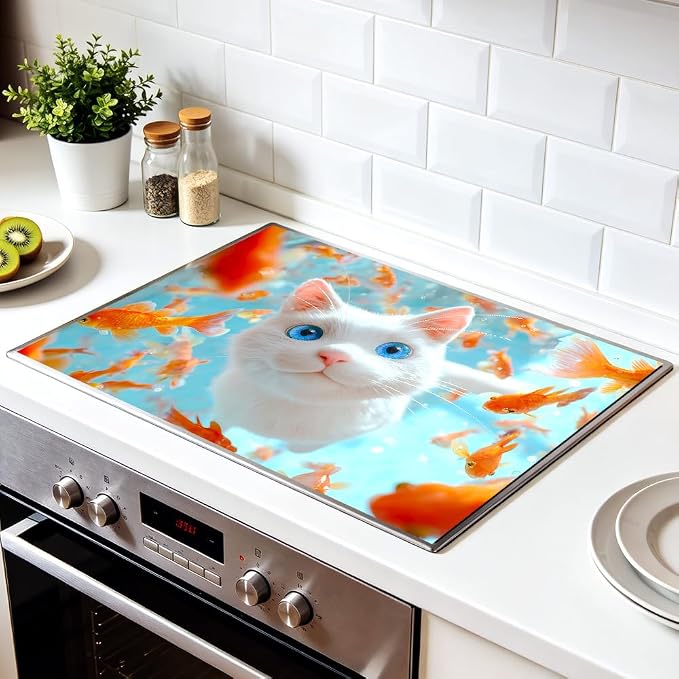 White Cat Goldfish Stove Top Cover 28.35x20.47 in Non Slip | Heat Resistant Cooktop Protector Mat with Non-Slip Backing, Scratch Protection and Countertop Drying Mat.