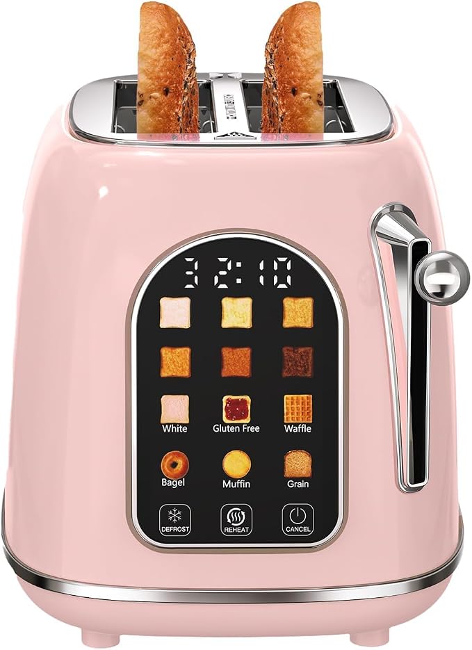 Mecity Toaster 2 Slice, Touch Screen Wide Slot Retro Toaster For Breads Bagel Muffin Waffle, House Warming Gift New Home, 120V 825W, Pink Color