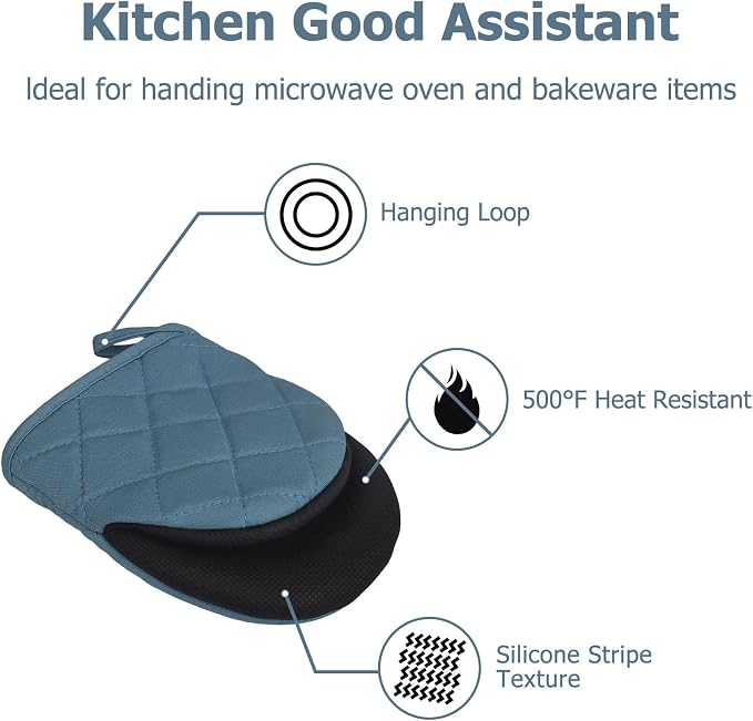 Goldmeet Mini Oven Mitts 2-Pack, 7"x5.5", 500°F Silicone Grip, Light Cyan | Non-Slip, Heat Resistant, Machine Washable, Hanging Loop, Fits Small Hands, for Baking Grilling BBQ Cooking